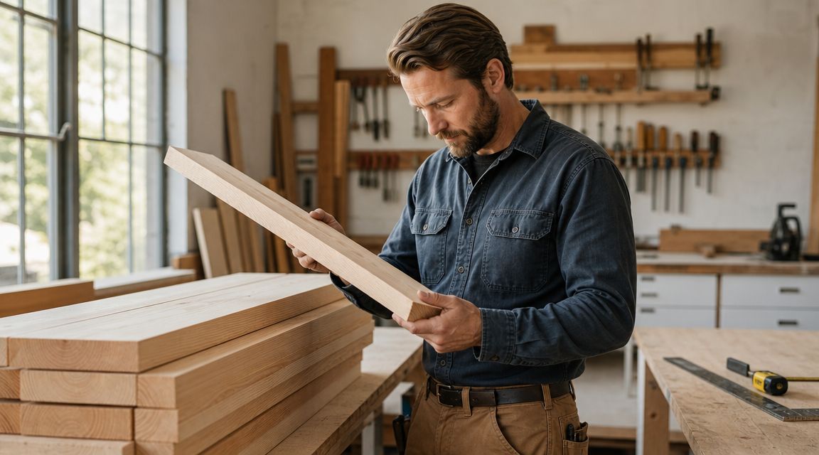 En snedker inspicerer et stykke træbræt i sit værksted, omgivet af rå træmaterialer og diverse værktøjer.