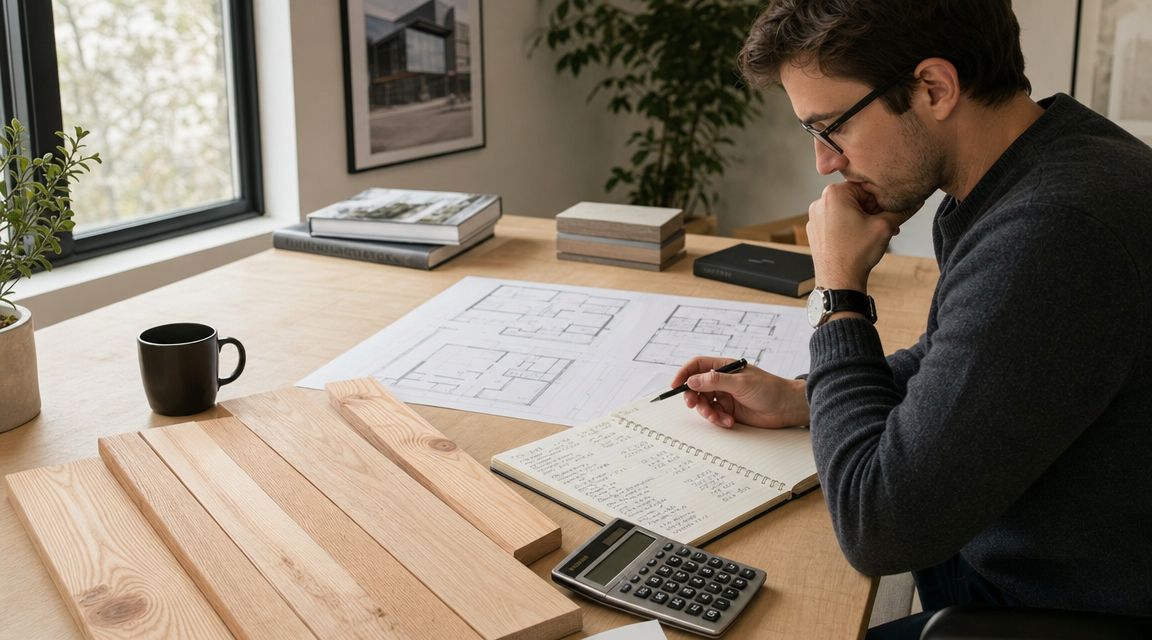 En arkitekt arbejder koncentreret ved sit skrivebord med plantegninger, træprøver, lommeregner og en kop kaffe.