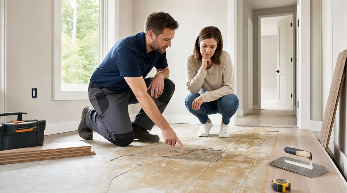 En håndværker viser en kvinde et beskadiget område på et undergulv under en gulvrenovering i et hus.