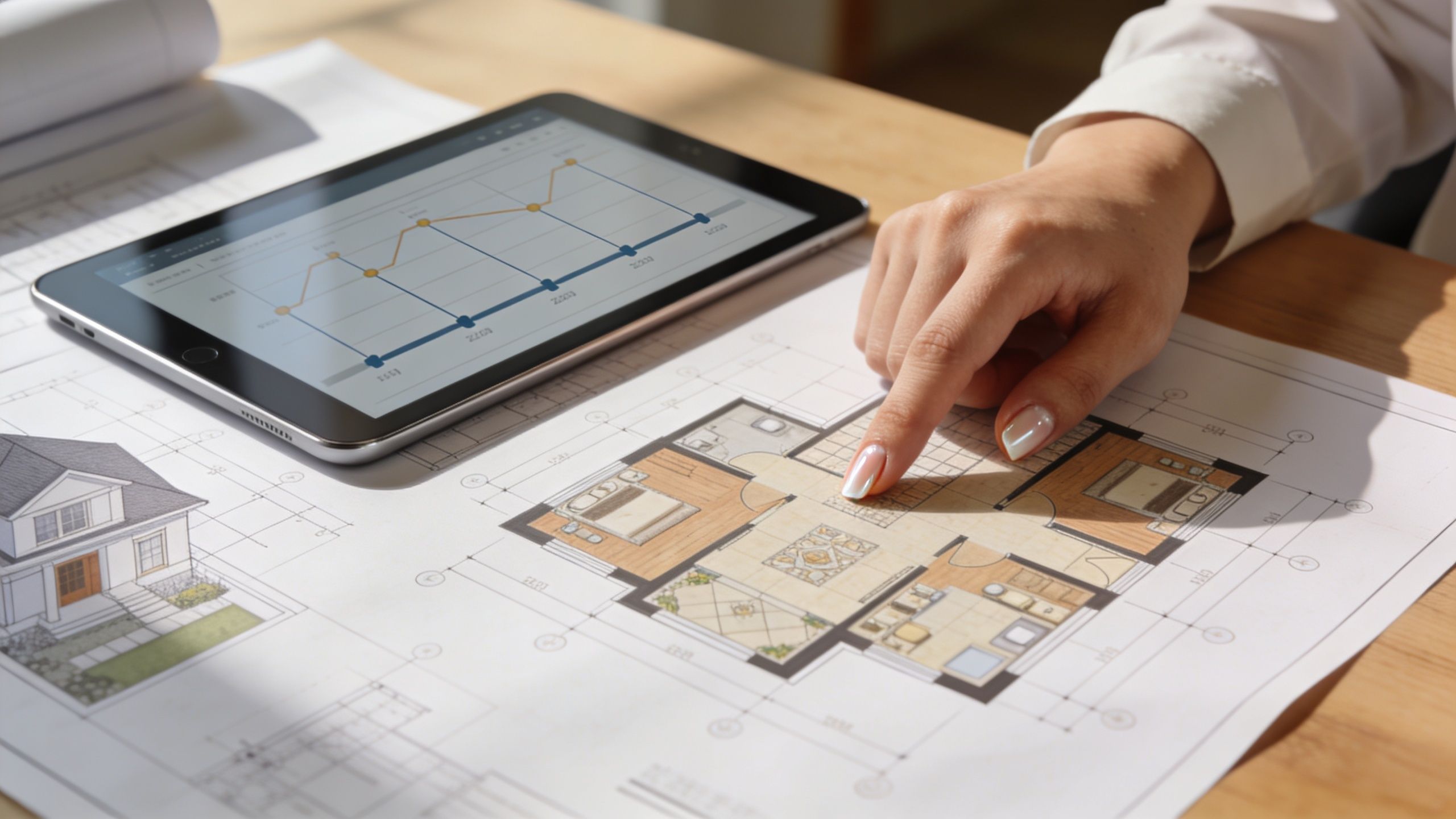En arkitekt eller entreprenør studerer en husplan med en tablet, der viser statistiske grafer over byggeri.