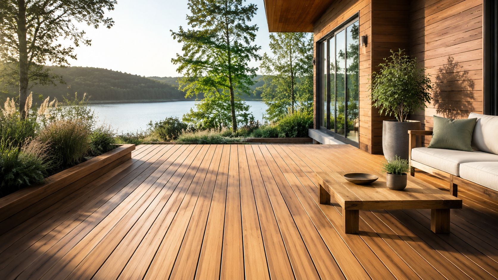 En moderne træterrasse med udsigt over en rolig sø og skov i det smukke dagslys.