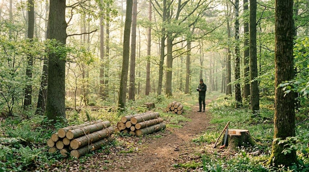 En skovfoged inspicerer fældet træ i en solrig skov, hvor bæredygtig skovdrift finder sted i Danmark.