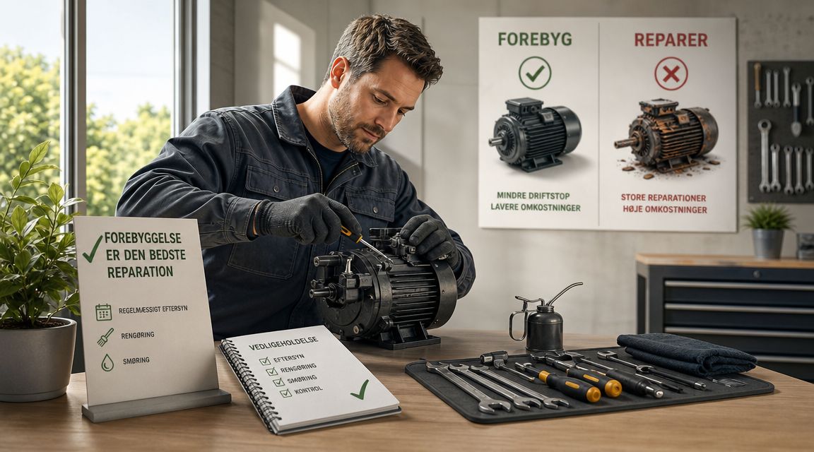 En professionel tekniker vedligeholder en elektrisk motor på en arbejdsbænk med værktøj og vedligeholdelsesplan.