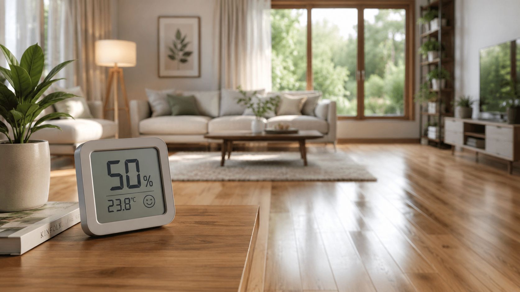 Et digitalt hygrometer viser 50 procent luftfugtighed og 23,8 grader på et træbord i en stue