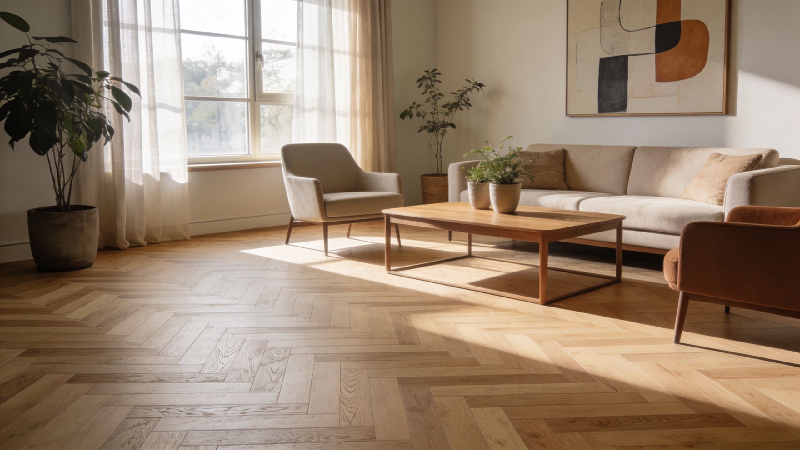 En lys og moderne stue med sildebensparket, sofa, lænestole og store vinduer med naturligt sollys.