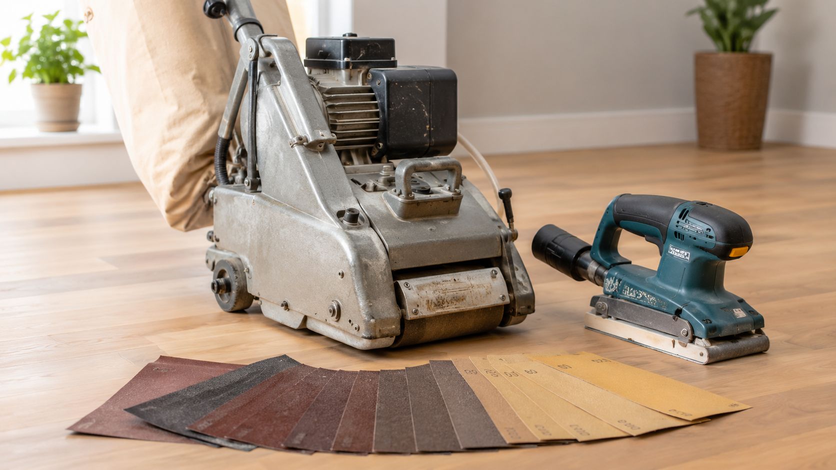Gulvslibningsmaskiner og forskellige stykker sandpapir placeret på et nylagt trægulv klar til renovering af hjemmet.