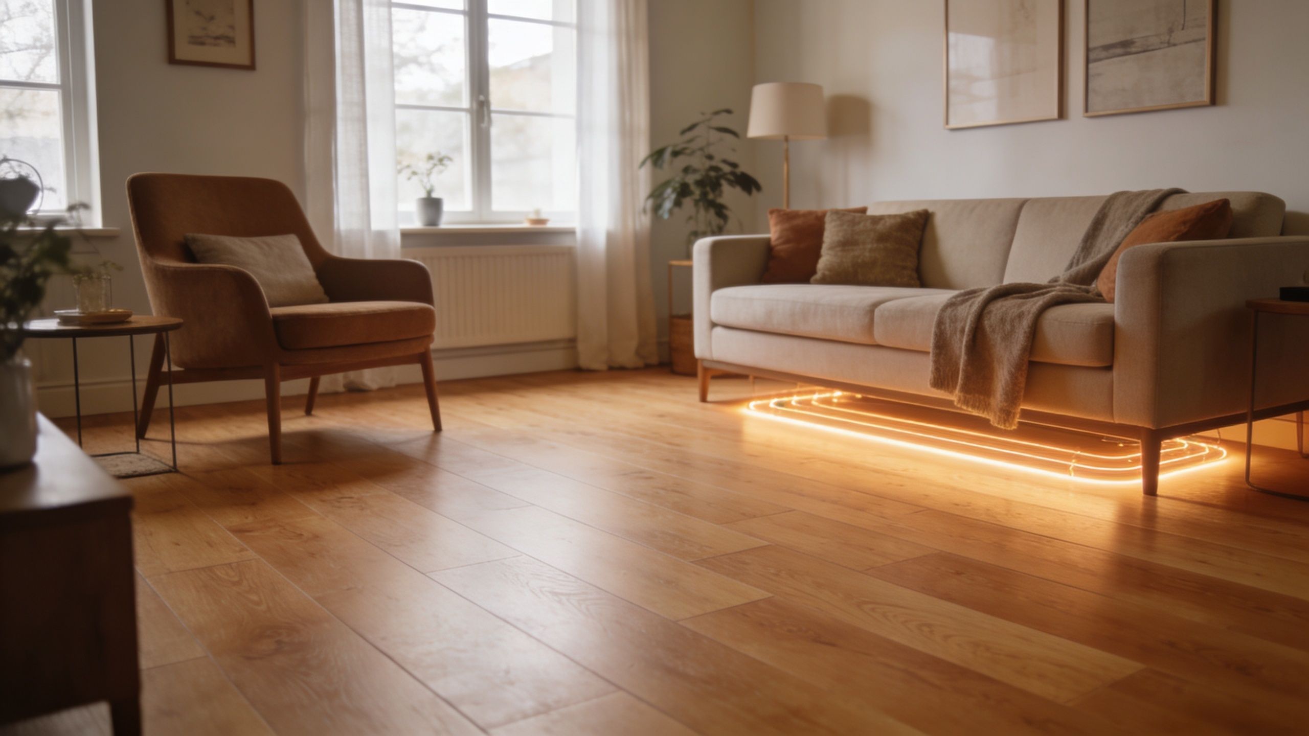 En hyggelig stue med et lyst laminatgulv i eg og en behagelig sofa med stemningsfuld gulvbelysning.