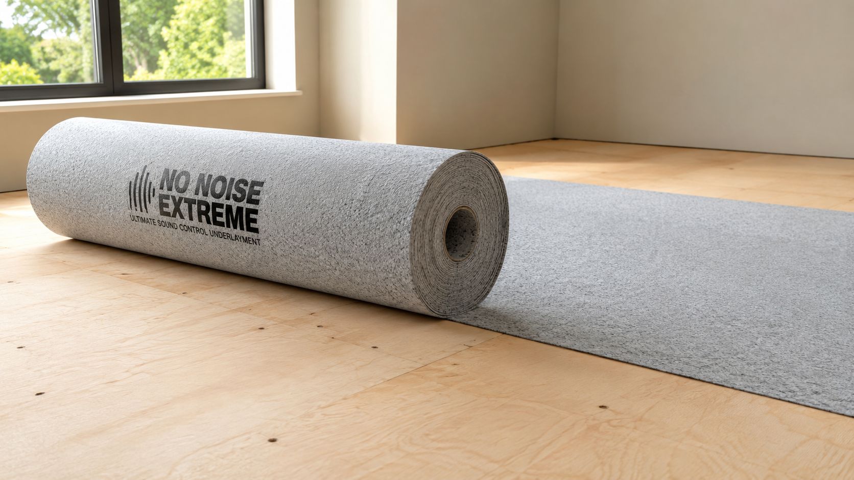 En rulle af No Noise Extreme lydisolerende underlag placeret på et trægulv klar til installation i stuen.