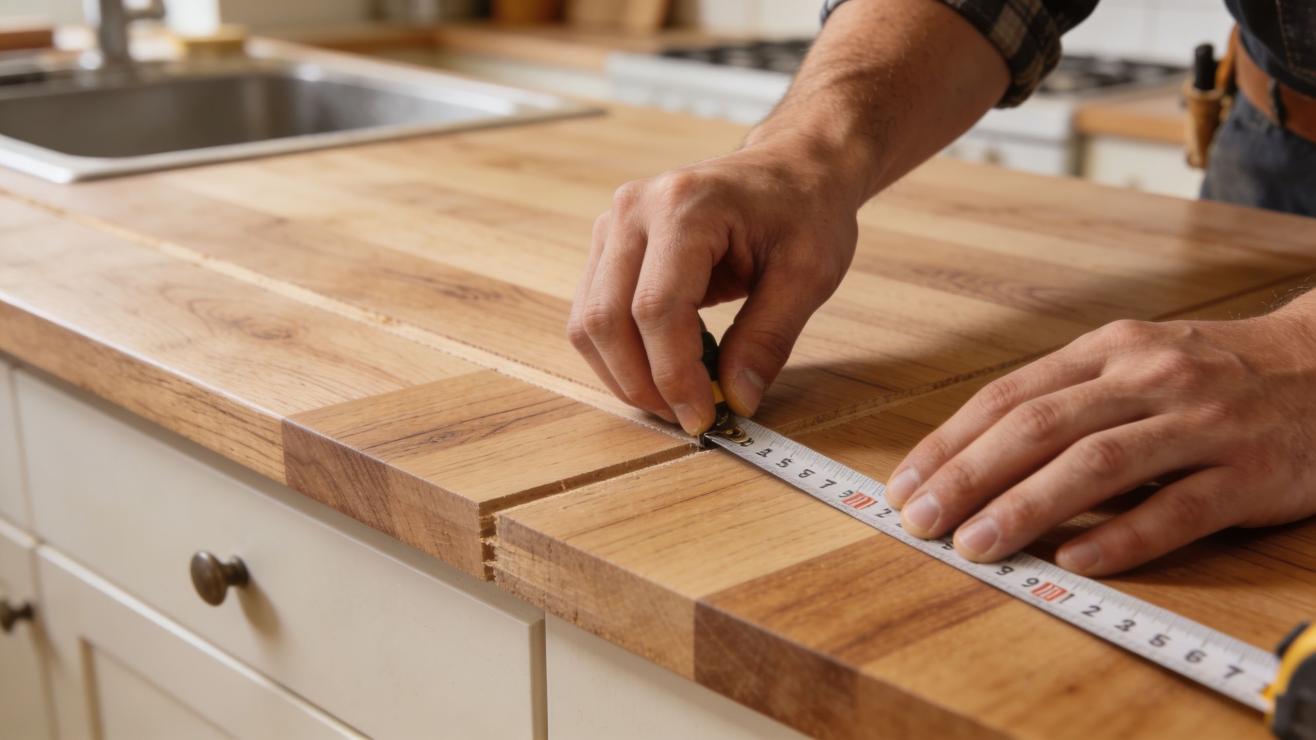 En håndværker måler nøje en bordplade af eg med et målebånd i et køkken under renovering.