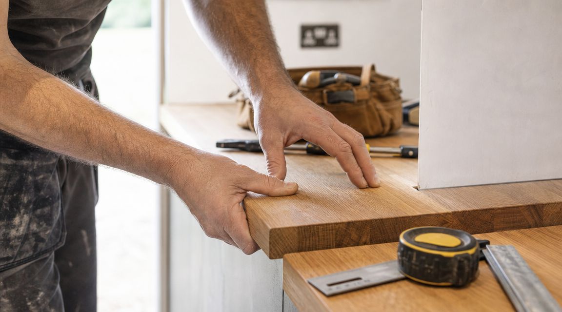 En snedker arbejder med montering af en massiv eg bordplade i 38 mm tykkelse i et køkken.