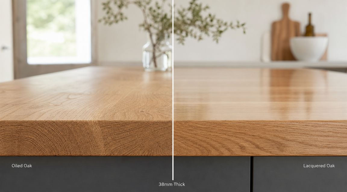 Sammenligning af 38 mm tyk eg bordplade med olieret finish til venstre og lakeret finish til højre.