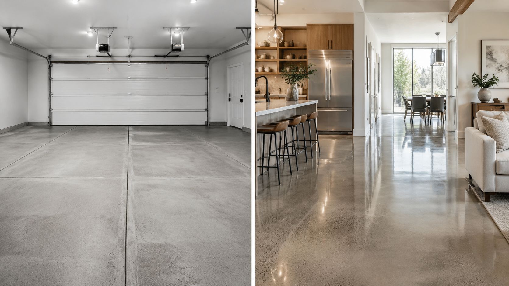 Sammenligning af et råt garagegulv i beton og et flot poleret betongulv i et moderne boliginteriør.