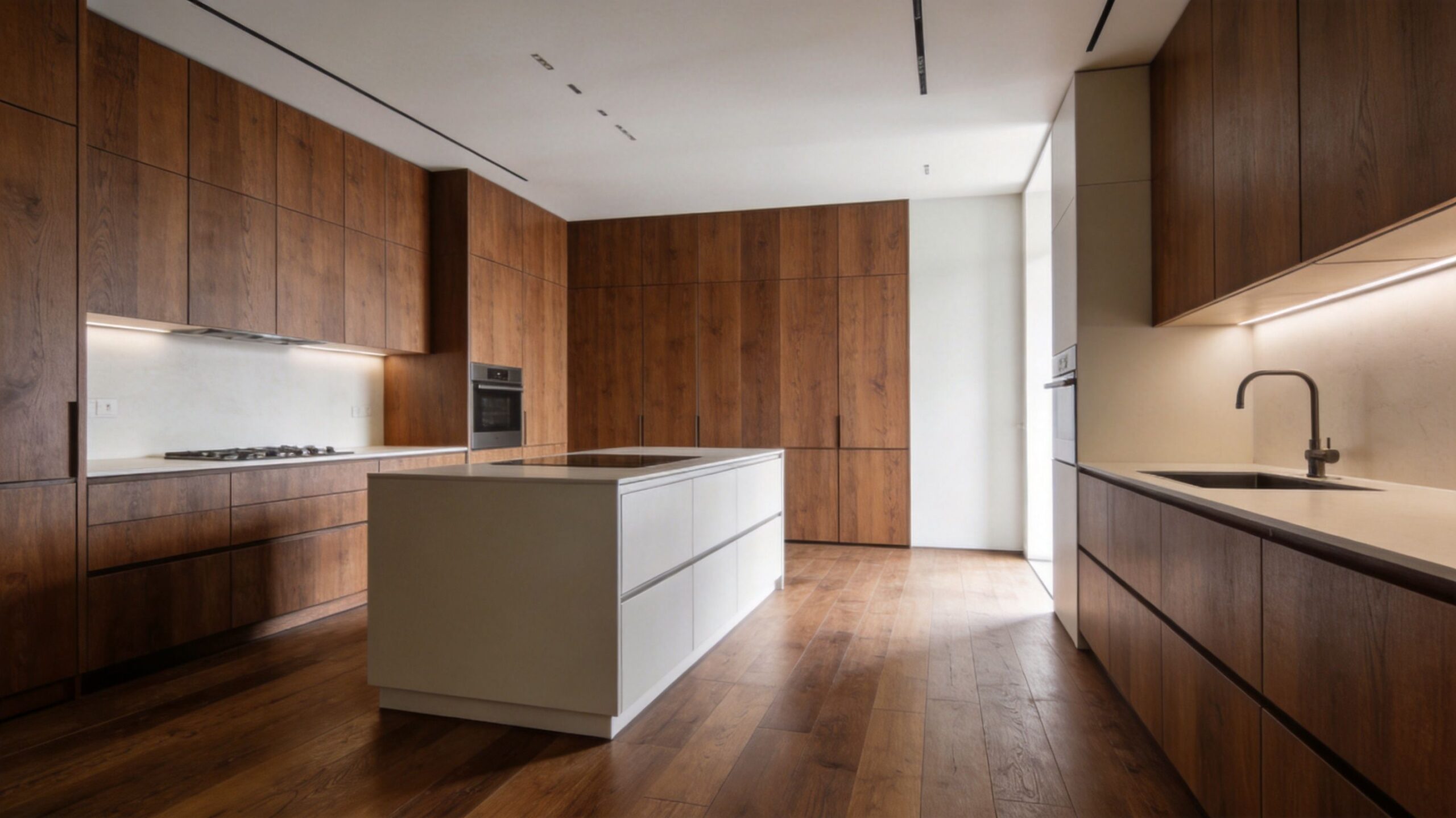 Moderne køkken med elegante fronter i røget eg, en hvid køkkenø og integrerede hvidevarer i et stilrent design.