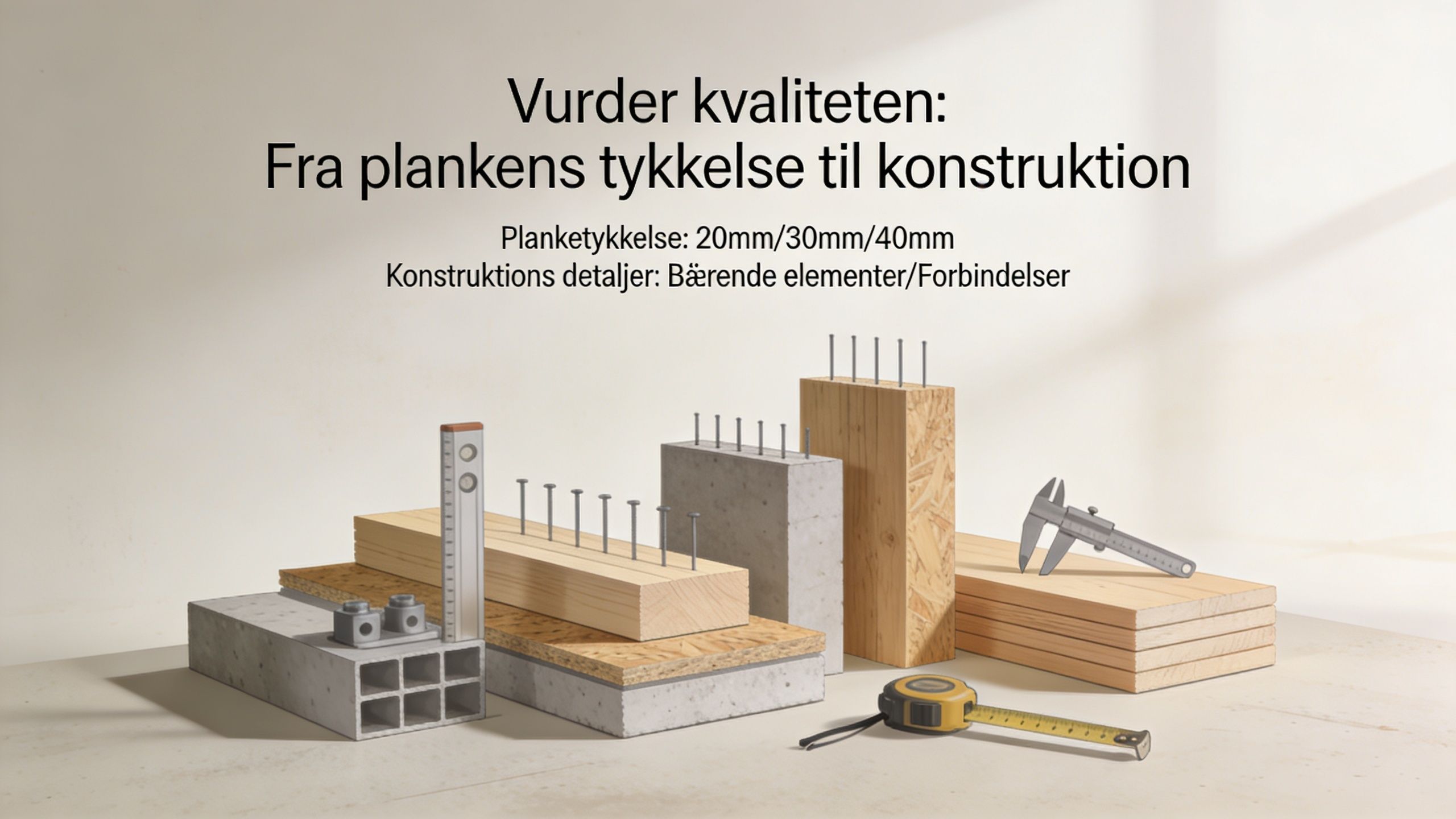 Illustration af forskellige materialer som træ og beton med værktøjer til måling og konstruktionsvurdering af bordplader.