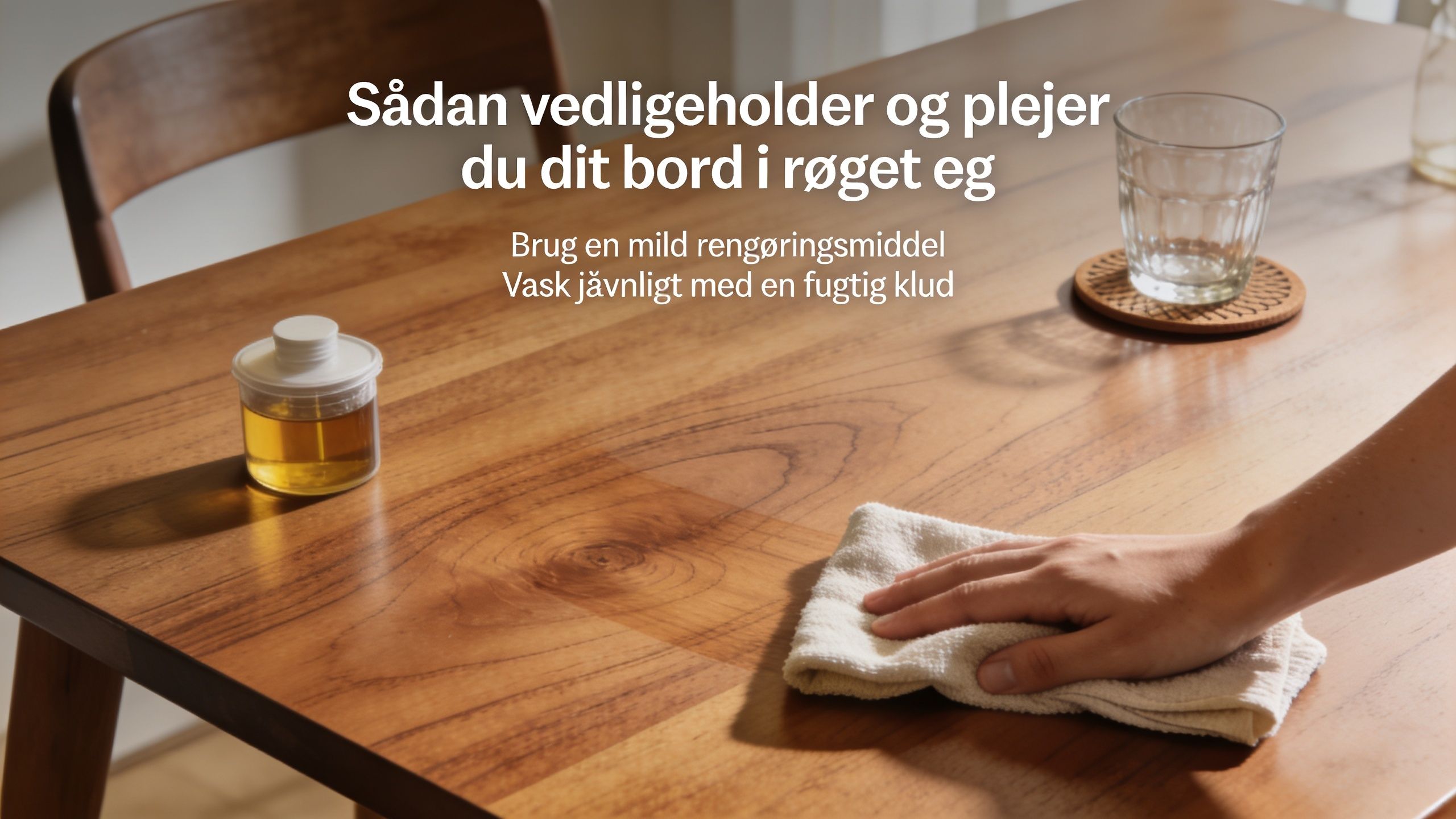 En person tørrer et bord af røget eg af med en fugtig klud for vedligeholdelse.