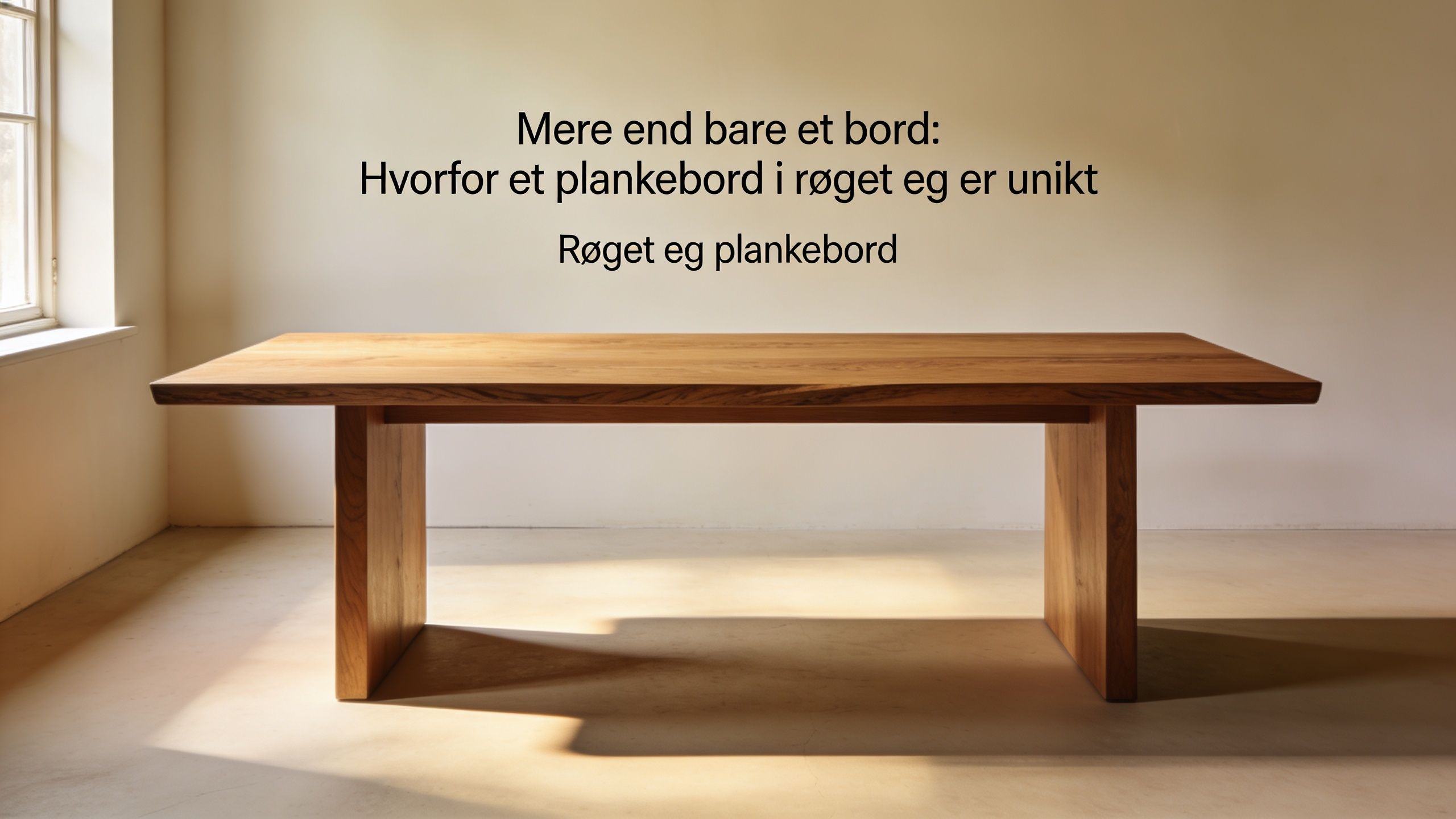 Et smukt plankebord i røget eg står placeret i et lyst og minimalistisk rum med naturligt lysindfald.