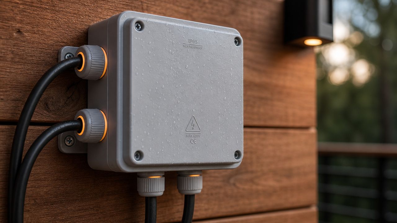 En grå vejrbestandig elektrisk samleboks monteret på en trævæg udendørs med sorte kabler til terrassebelysning.