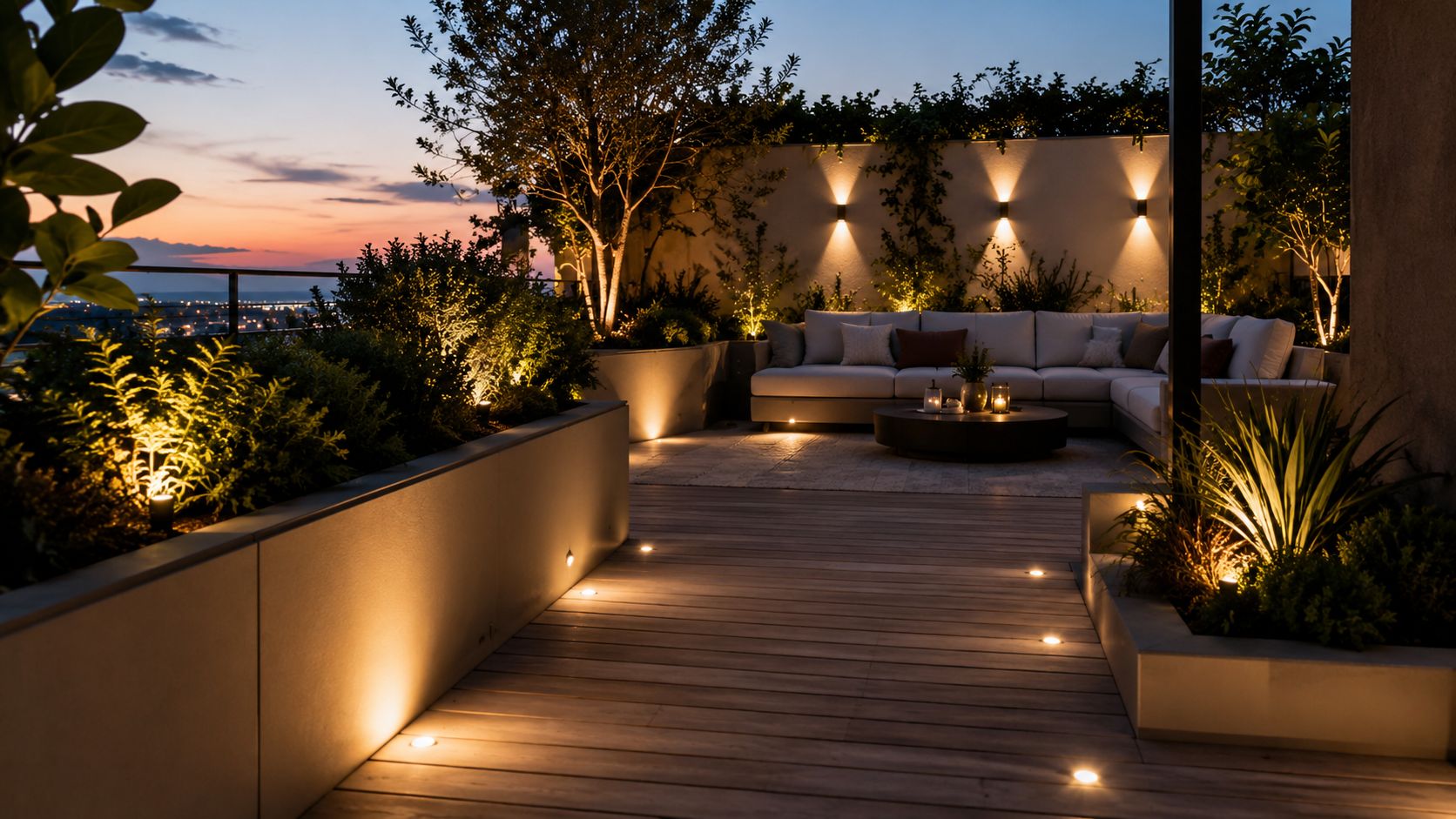 En moderne tagterrasse om aftenen med indbygget stemningsbelysning, komfortable loungemøbler og dekorative planter i store plantekasser.