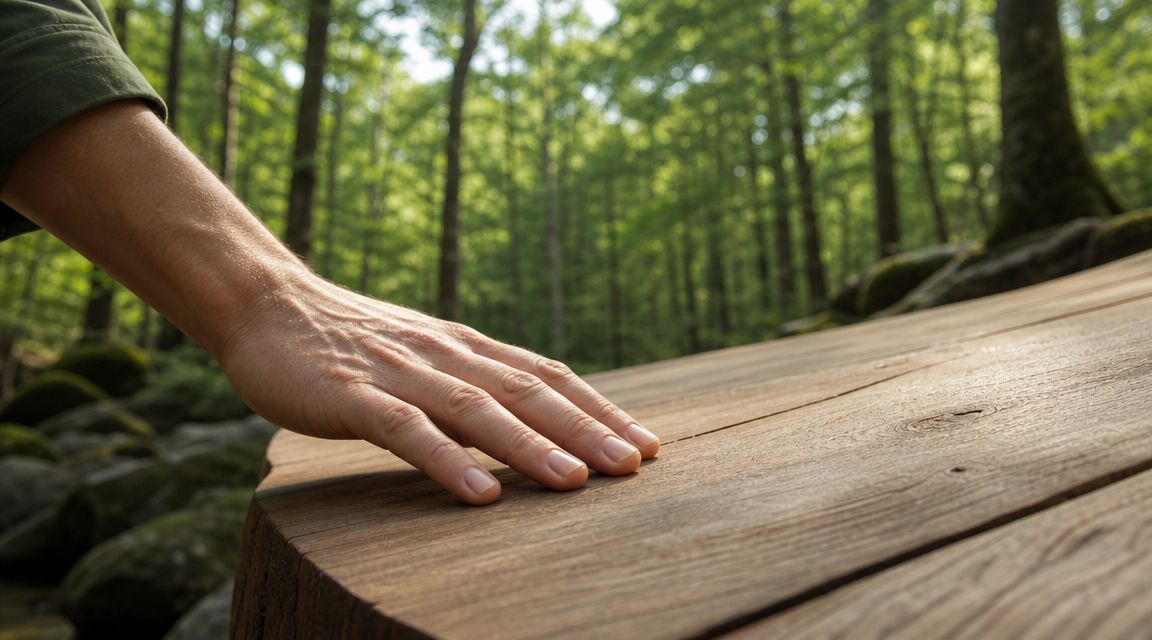 En hånd rører ved en glat træoverflade i en skov, hvilket fremhæver naturlig tekstur og bæredygtige materialer.