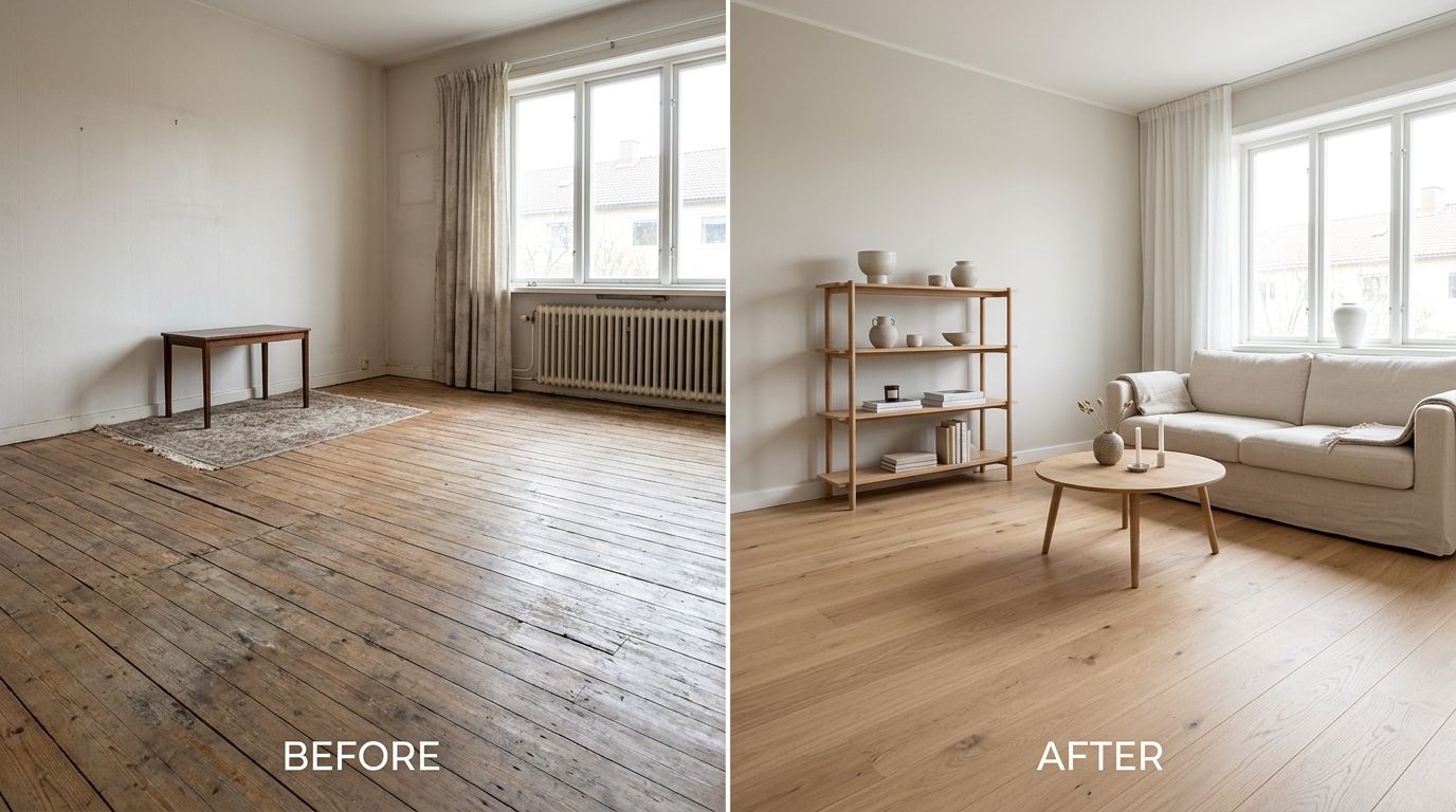 Før og efter billede af en stue, der viser en omfattende renovering med nyt lyst trægulv og møbler.