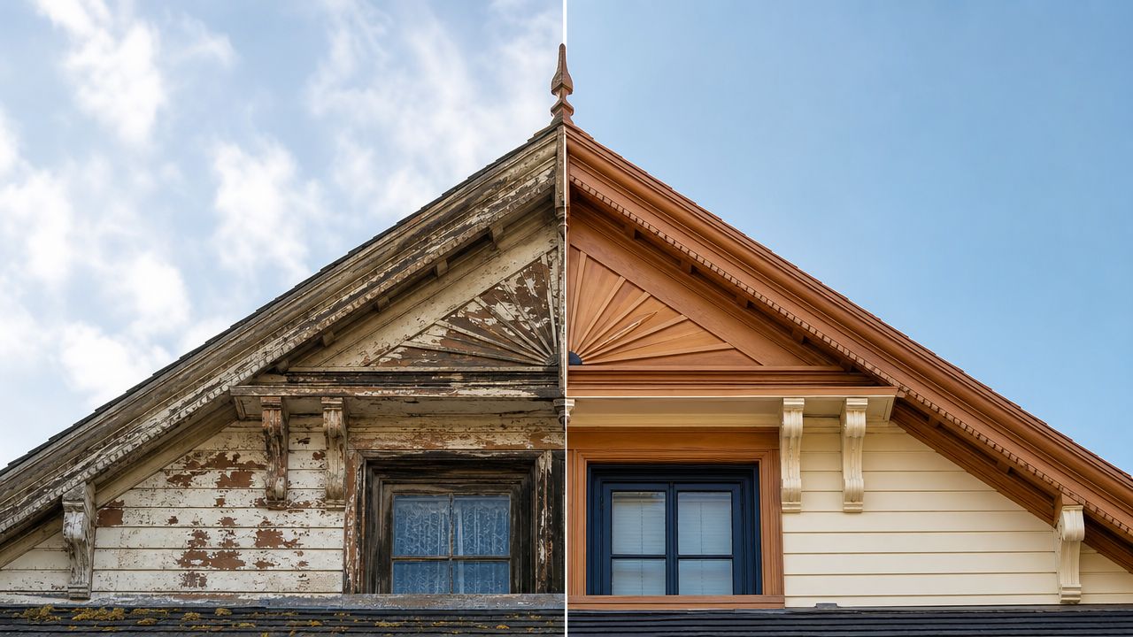 Et husgavl før og efter renovering, der viser en tydelig forskel på forfald og nymalede overflader.