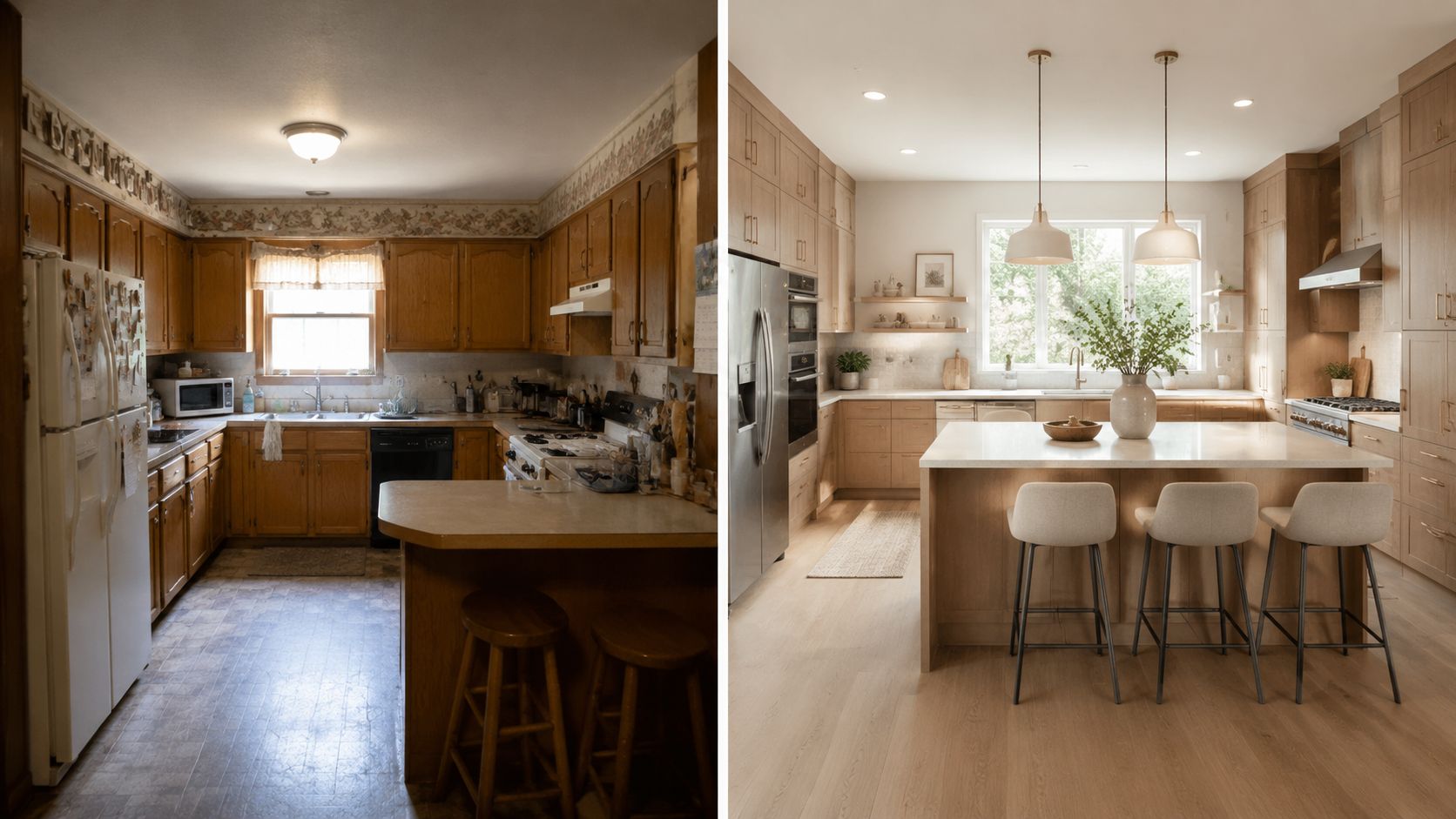 Et før og efter billede af en køkkenrenovering, der viser transformationen fra gammelt design til moderne stil.