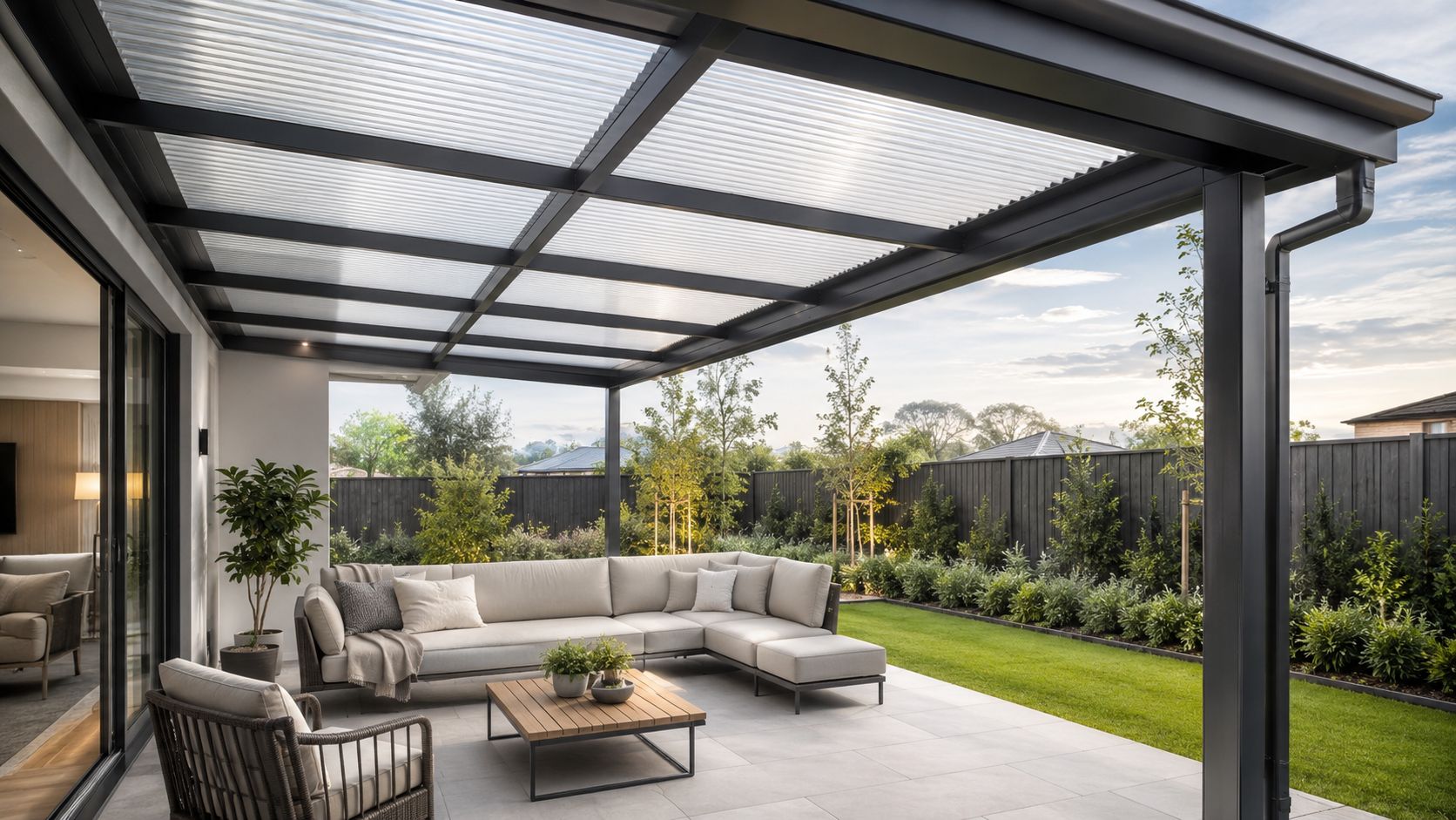 En overdækket terrasse med en moderne sofa, et sofabord og udsigt til en grøn have.