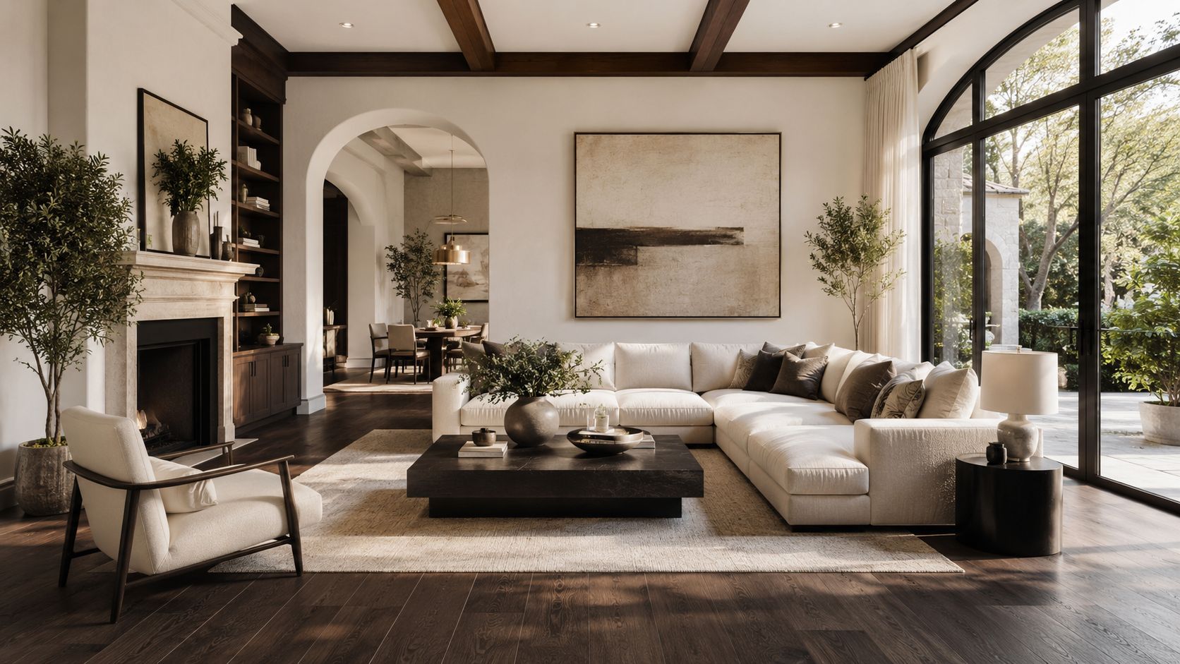 En luksuriøs stue med mørkt trægulv, beige sofa, pejs og store vinduer med naturligt lysindfald.