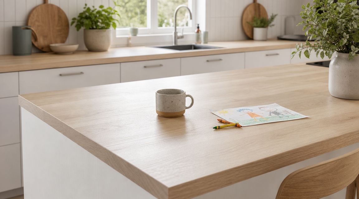 Et lyst køkken med en moderne egetræsbordplade, en kop kaffe og en børnetegning på køkkenøen.