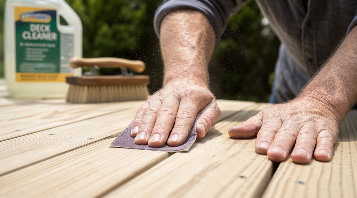En person sliber en udendørs fyrretræsterrasse med sandpapir for at klargøre træet til vedligeholdelse eller behandling.