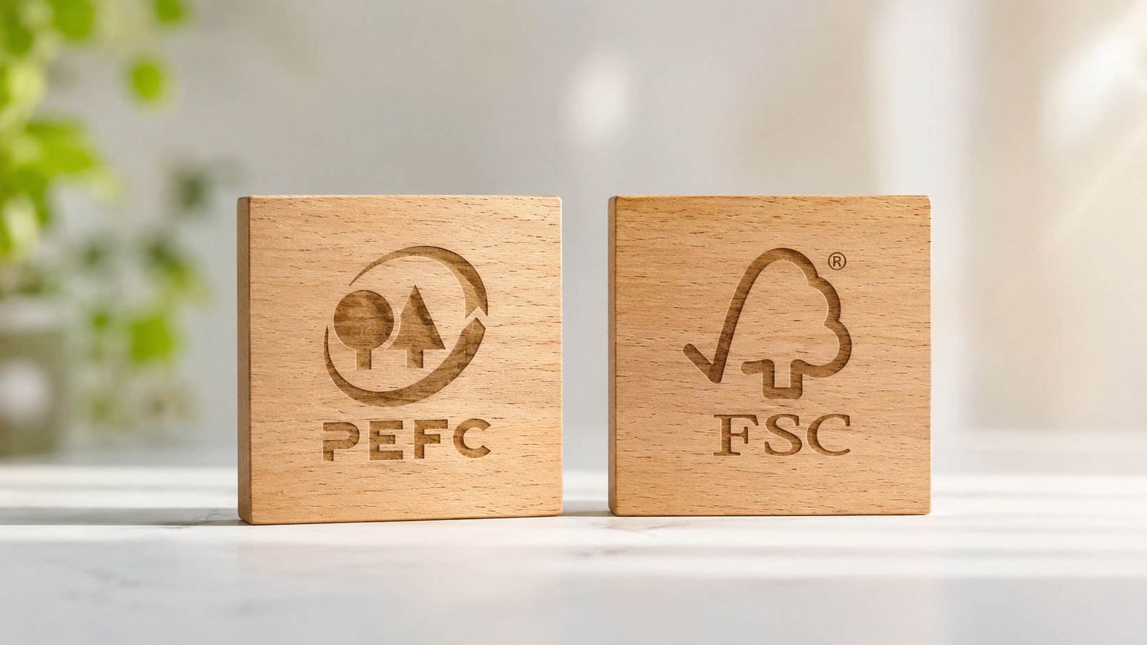 To træklodser placeret ved siden af hinanden med indgraverede logoer fra henholdsvis PEFC og FSC bæredygtighedscertificeringer.