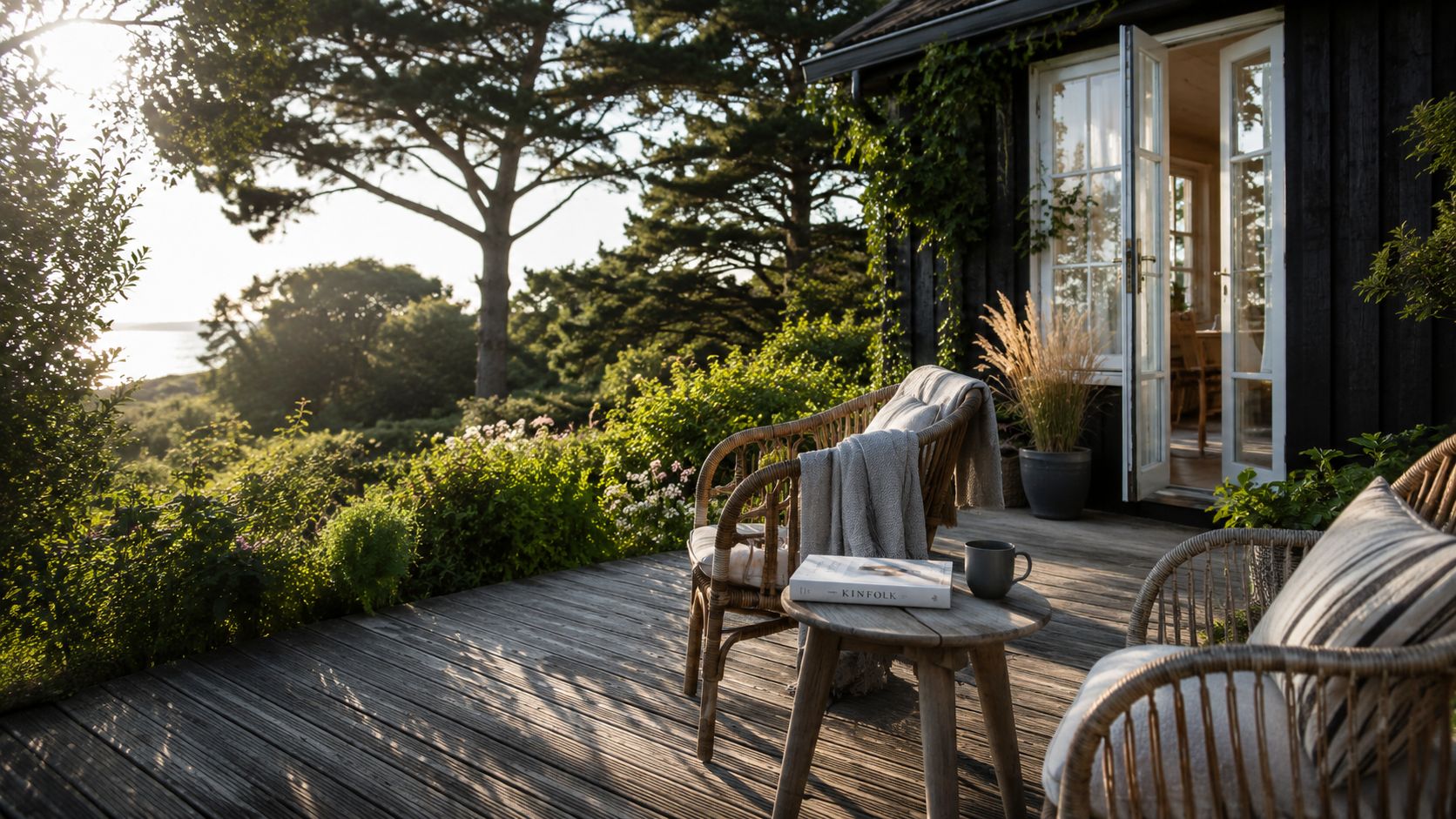 Hyggelig terrasse ved sommerhus med kurvestole, bog og kaffekop i den varme aftensol omgivet af natur.
