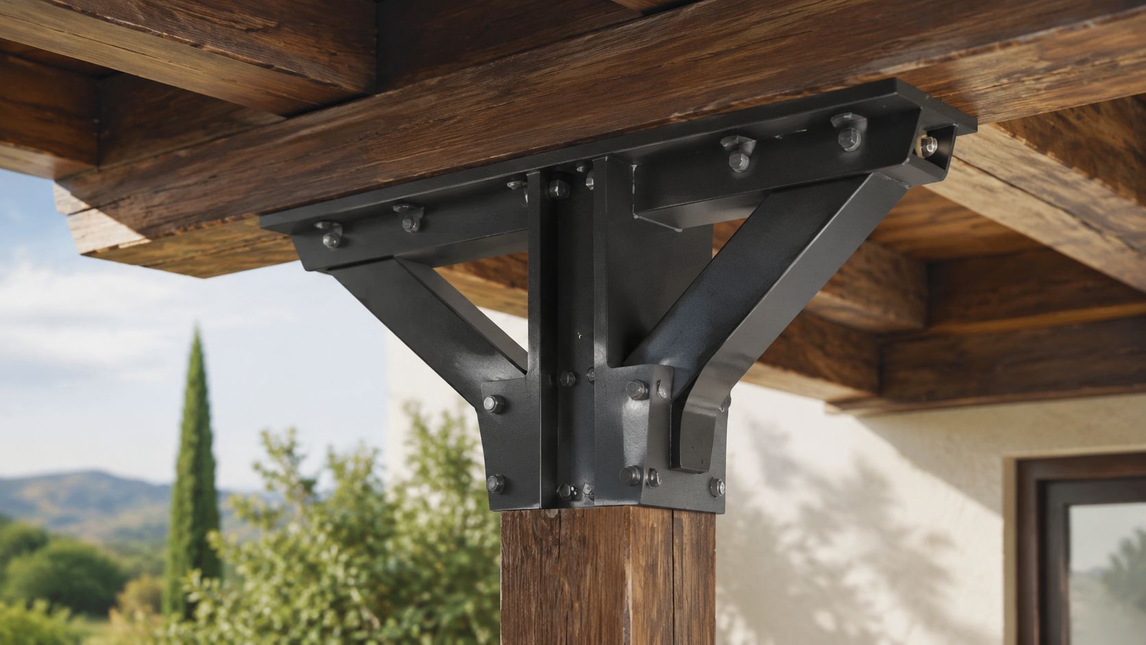 Et solidt sort metalbeslag forbinder en træstolpe med en bærende træbjælke på en overdækket terrasse udendørs.