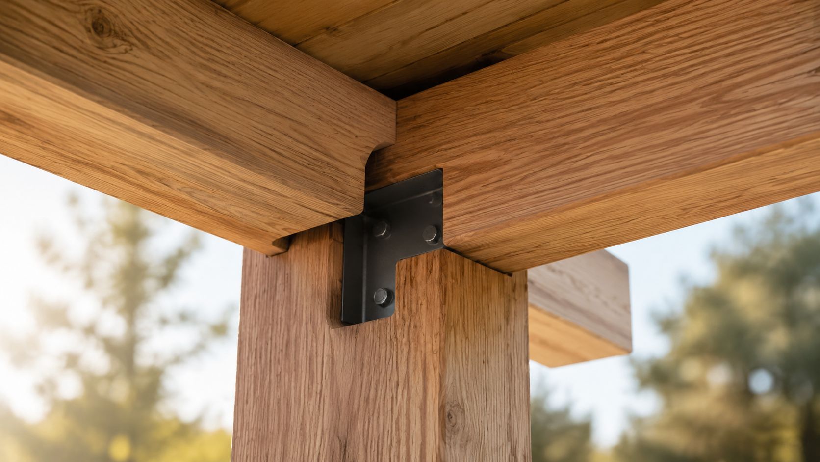 Nærbillede af en robust trækonstruktion samlet med et sort metalbeslag i en udendørs pergola eller terrasse.