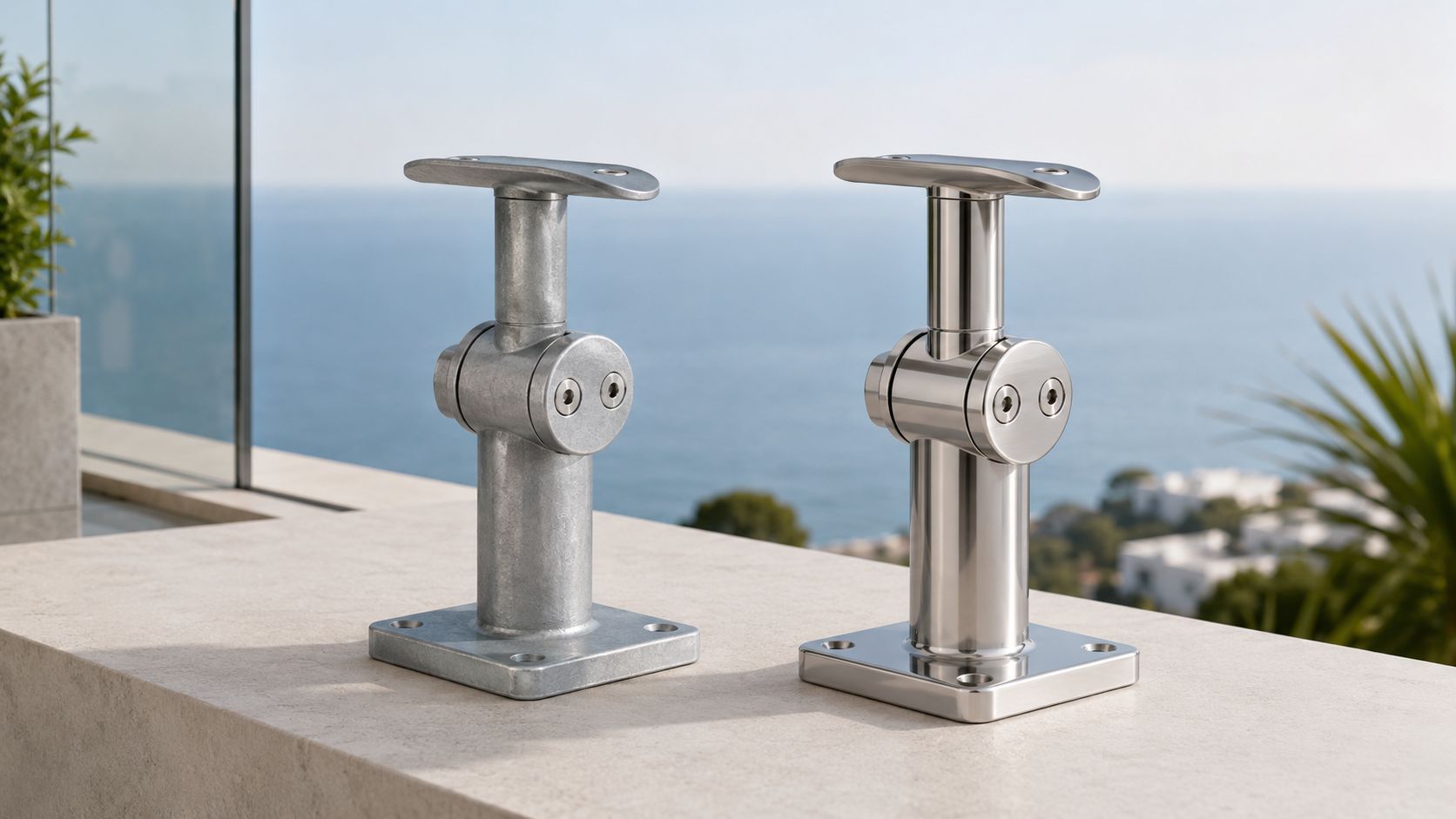 To forskellige metalbeslag til terrassegelænder placeret på en stenoverflade med havet i baggrunden.