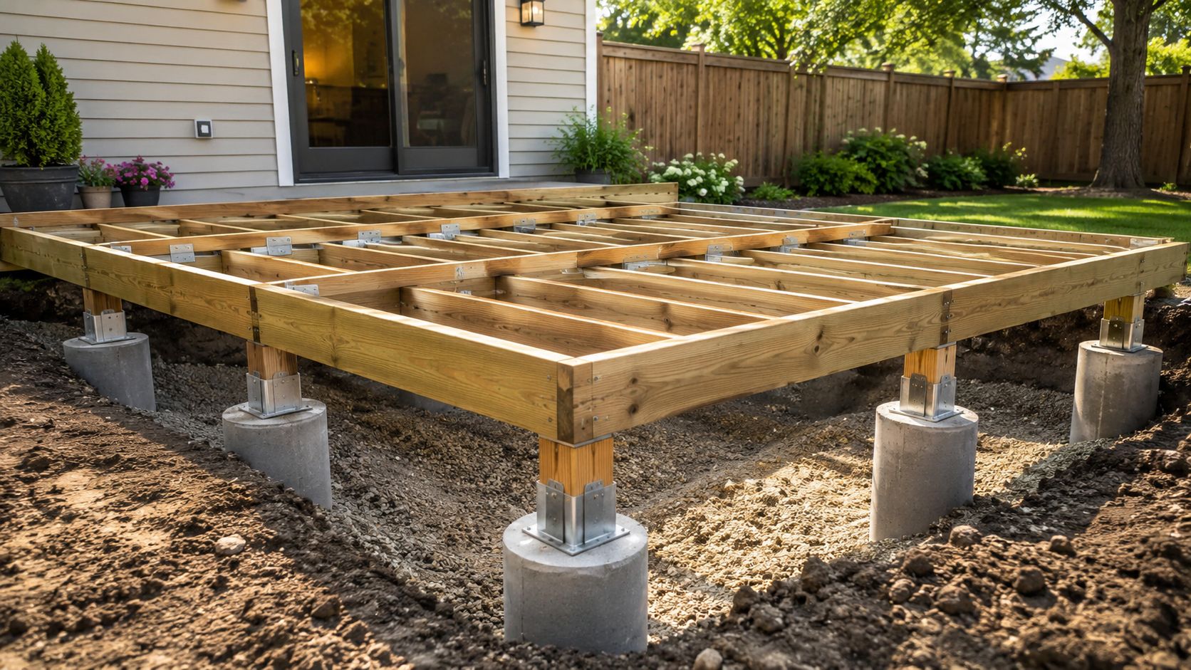 Fundamentet til en ny træterrasse under opførelse i en baghave med betonpiller og træbjælker.