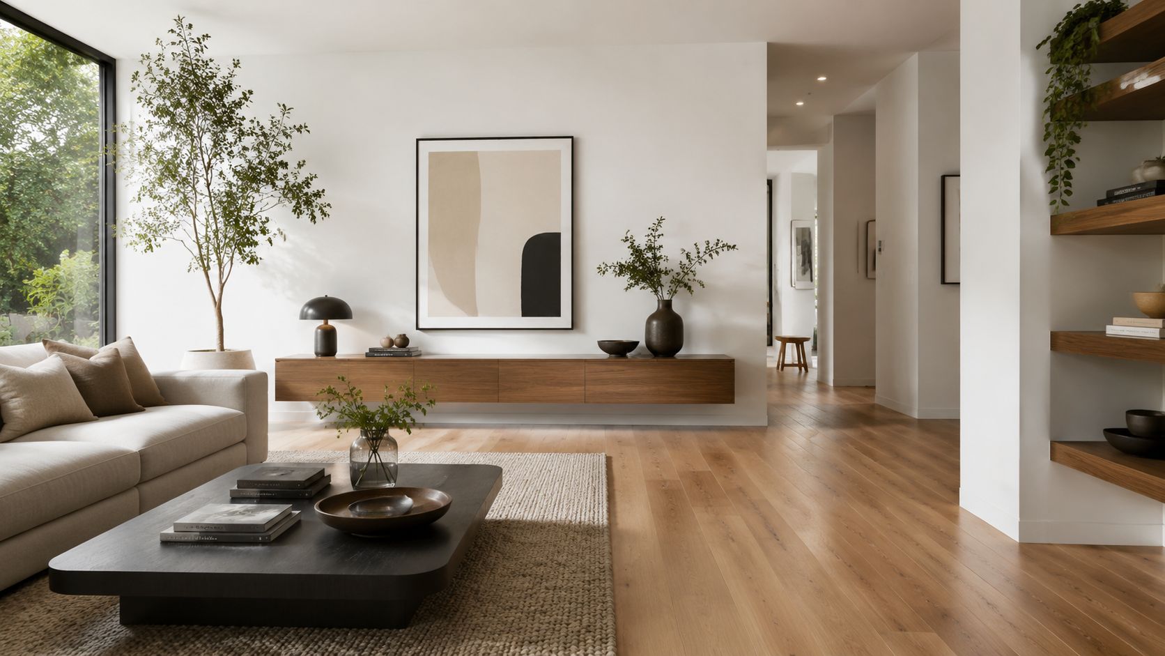 Moderne stue med trægulv uden fodlister, minimalistiske møbler i træ og en stor potteplante i en lys stue.