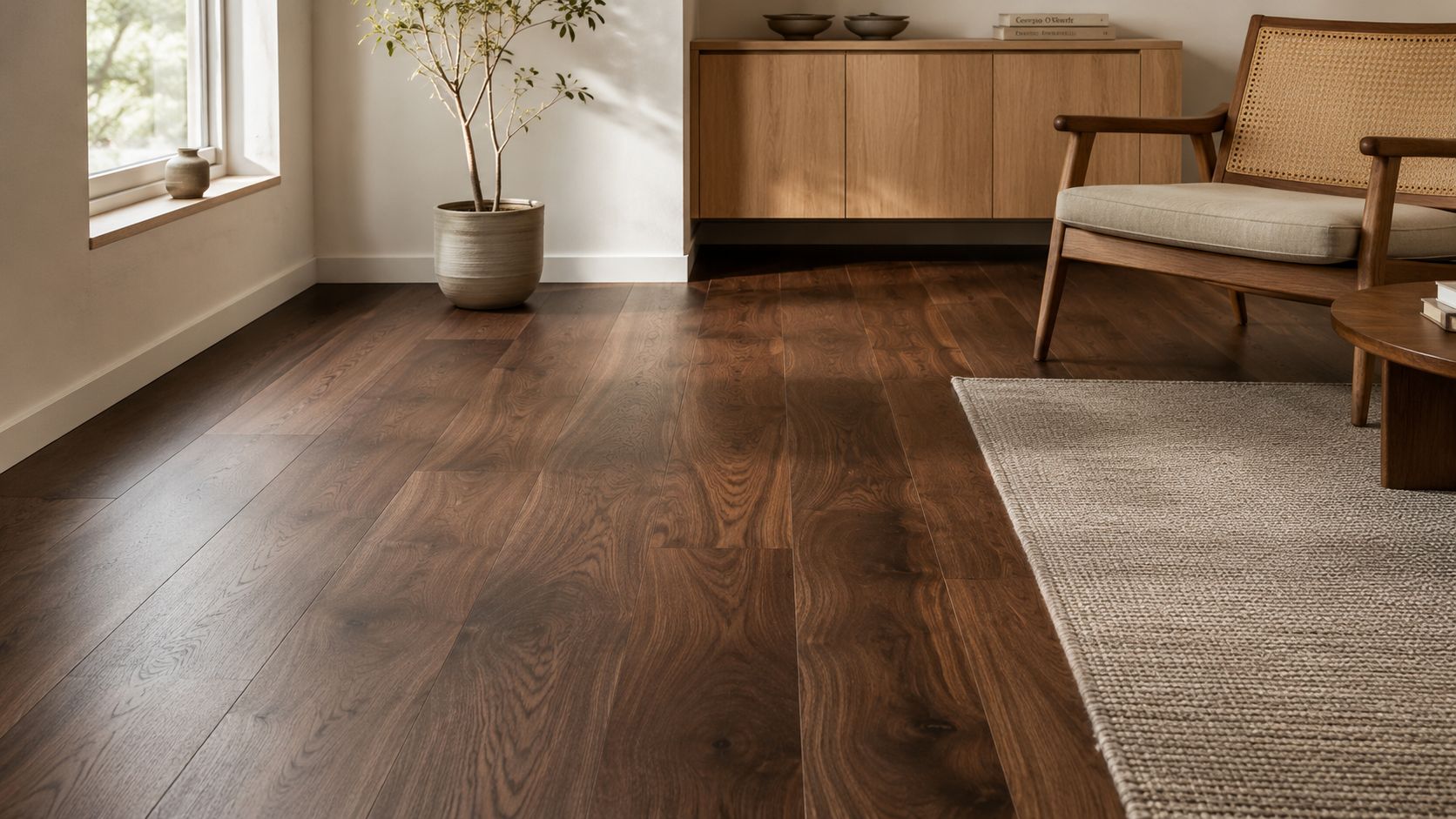 Et lyst og minimalistisk stuerum med et smukt gulv af amerikansk valnød træ og en elegant lænestol.