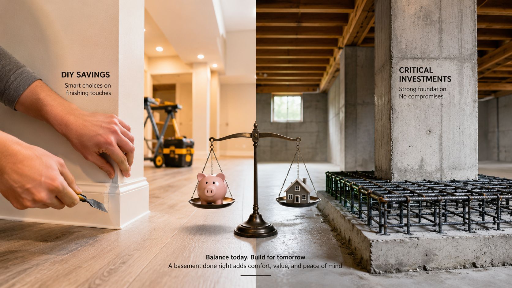 En vægt der illustrerer balancen mellem gør-det-selv kælderrenovering og vigtige investeringer i fundamentet for et sikkert hjem.