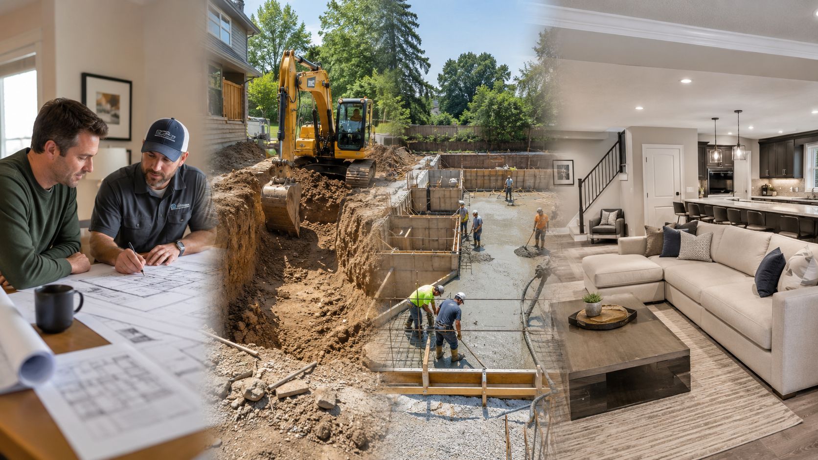 En proceskollage der viser arkitektonisk planlægning, udgravning af fundament og det færdige moderne interiør i et hus.