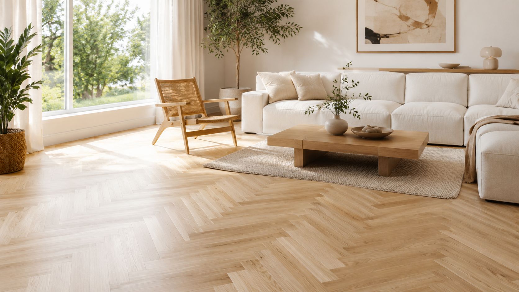 En lys stue med et flot bøgeparketgulv lagt i sildebensmønster ved siden af en moderne sofa.