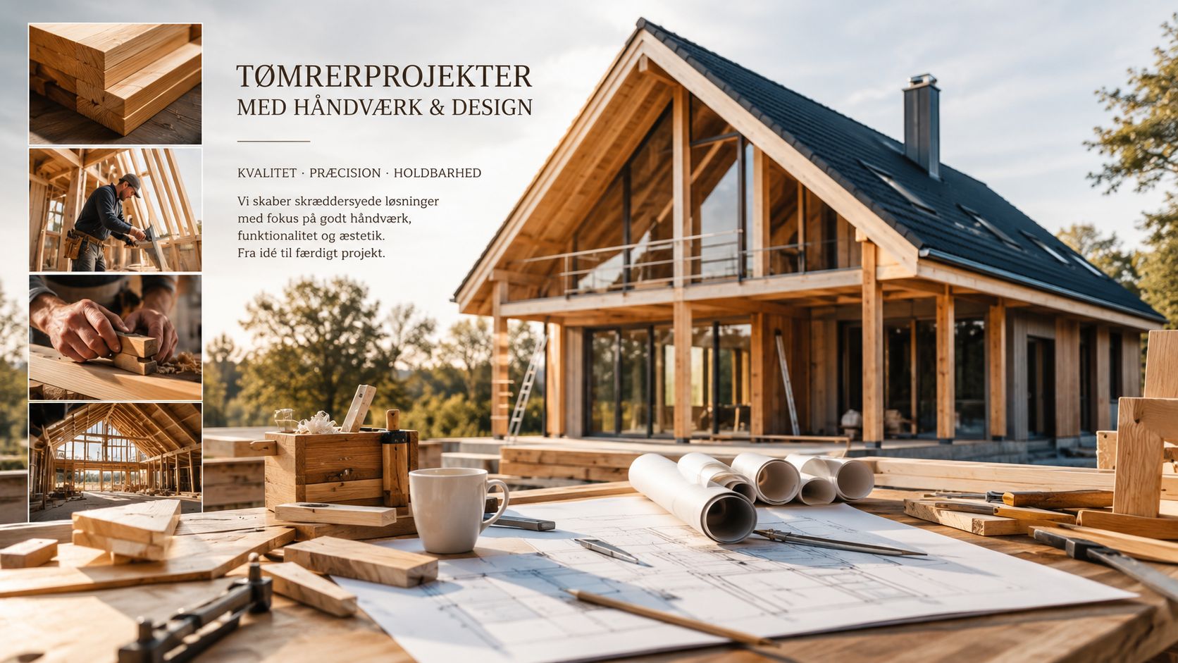 Et tømrerfirma præsenterer moderne træbyggerier med fokus på kvalitet, præcision, holdbart håndværk og gennemtænkt arkitektonisk design.