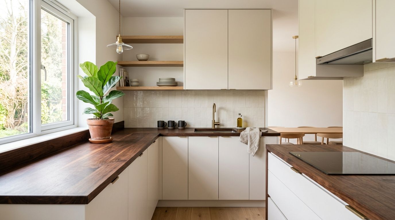 Moderne køkken med elegante hvide skabe, smuk mørk træbordplade, åbne hylder og en grøn stueplante ved vinduet.