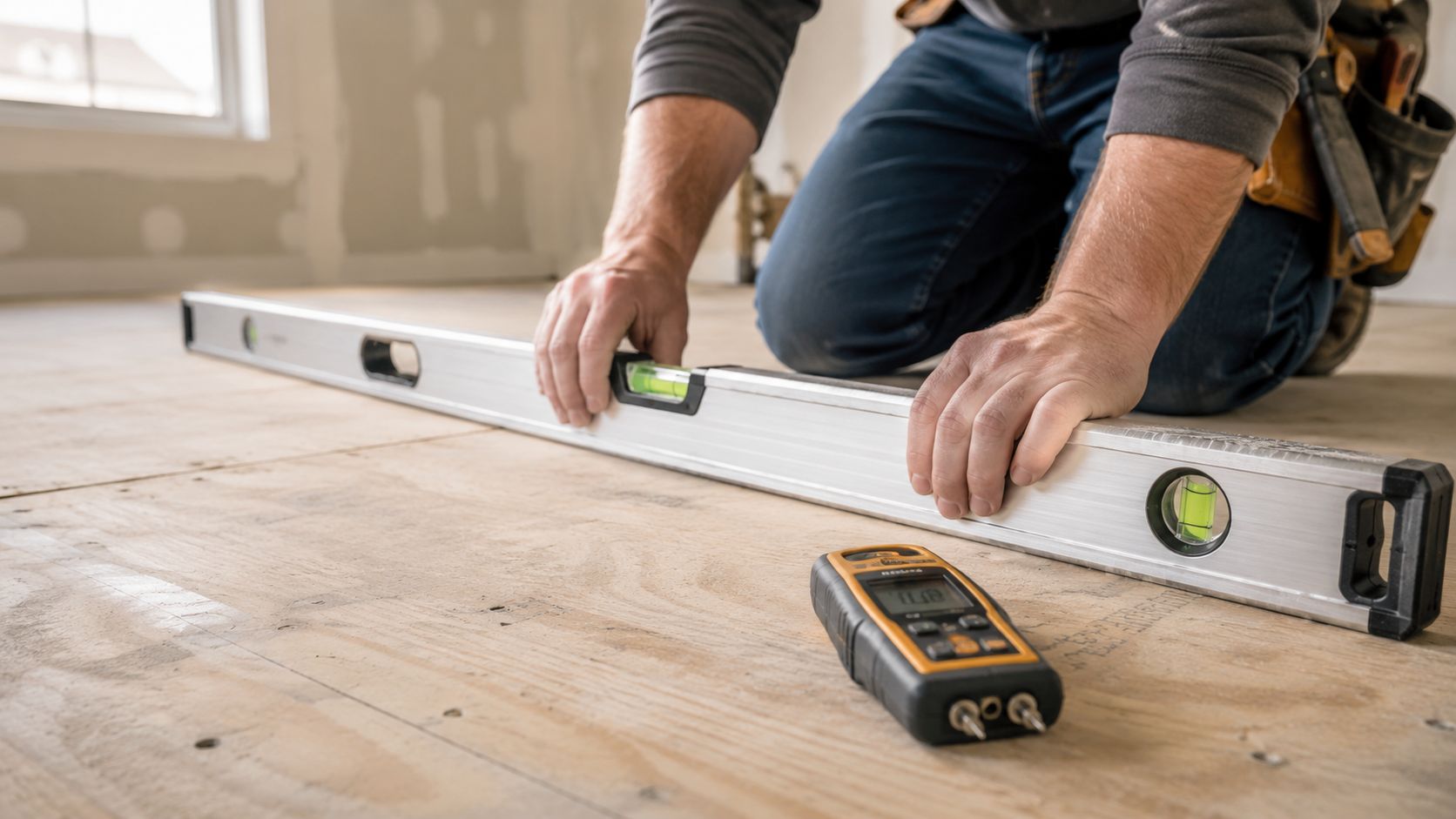 Håndværker måler og tjekker gulvets planhed med et vaterpas og en fugtmåler under renovering af boligen.