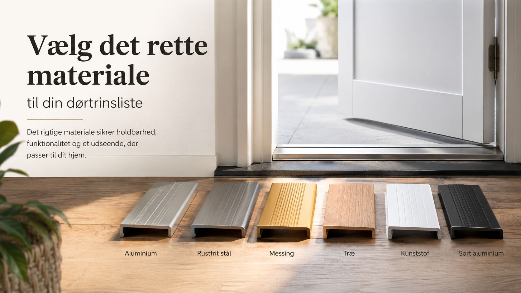 Et udvalg af dørtrinslister i forskellige materialer såsom aluminium, stål, messing, træ, plast og sort aluminium.