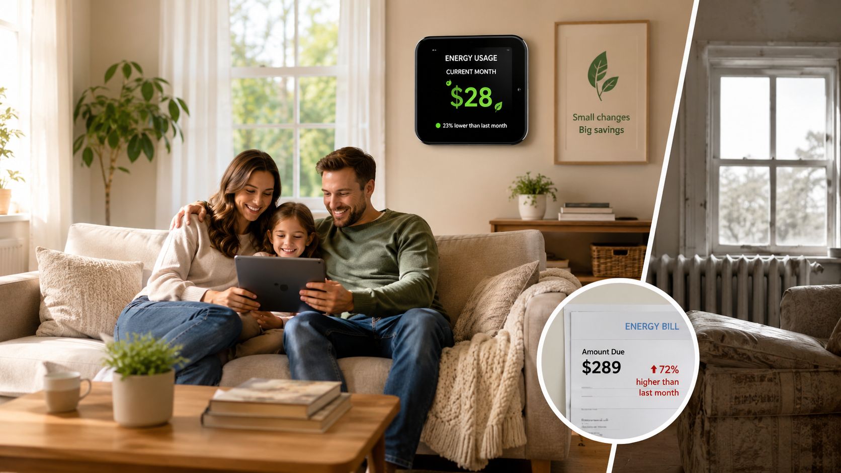 En familie ser glad på en tablet i en moderne stue med energimåler og energiregning vist ved siden af.