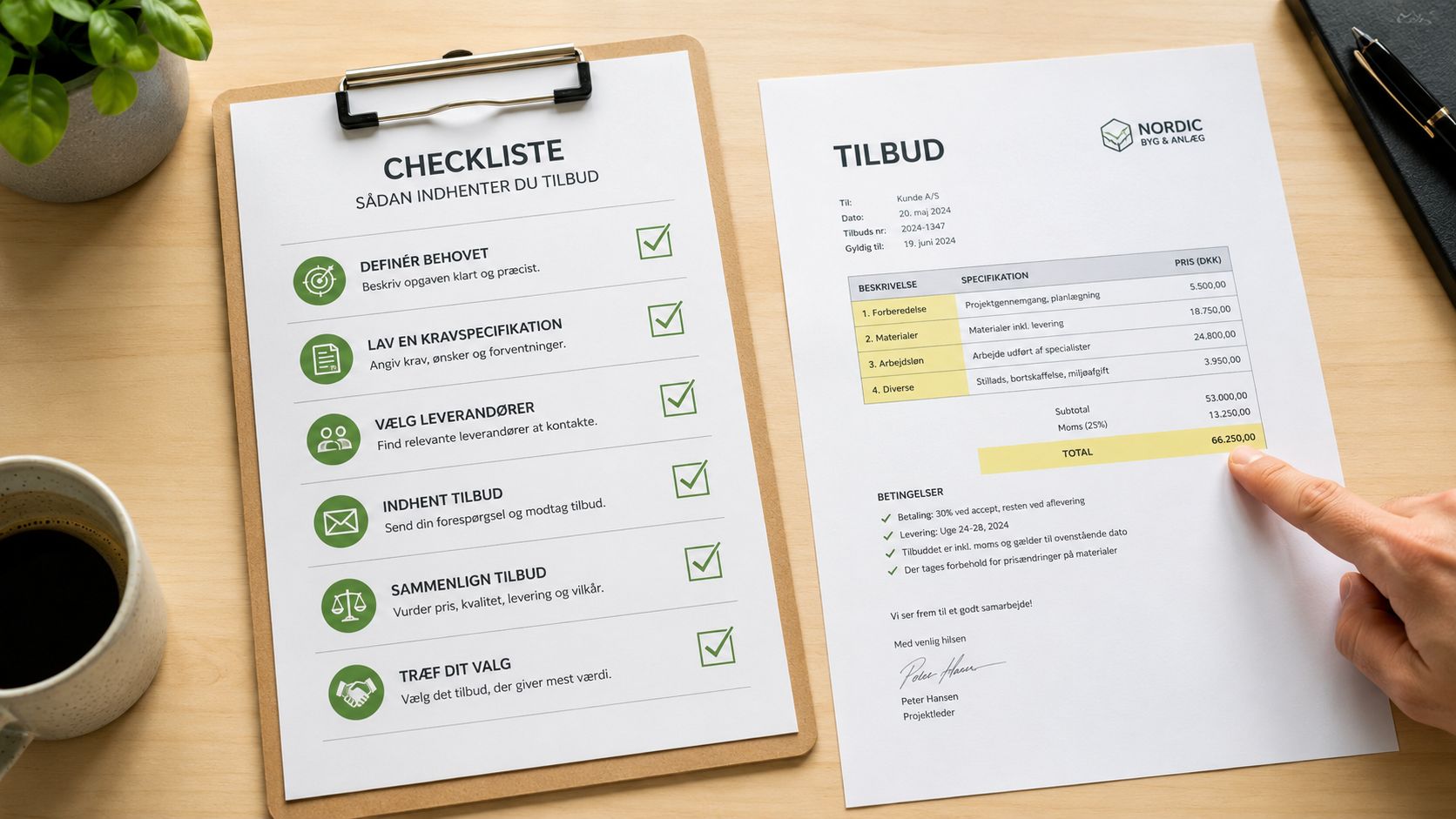 En tjekliste til indhentning af tilbud og et underskrevet tilbudsdokument fra Nordic Byg & Anlæg på et skrivebord.