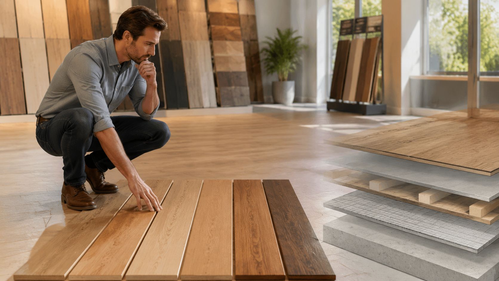 En professionel rådgiver undersøger forskellige trægulvsprøver i et moderne showroom med fokus på gulvkonstruktion og materialekvalitet.