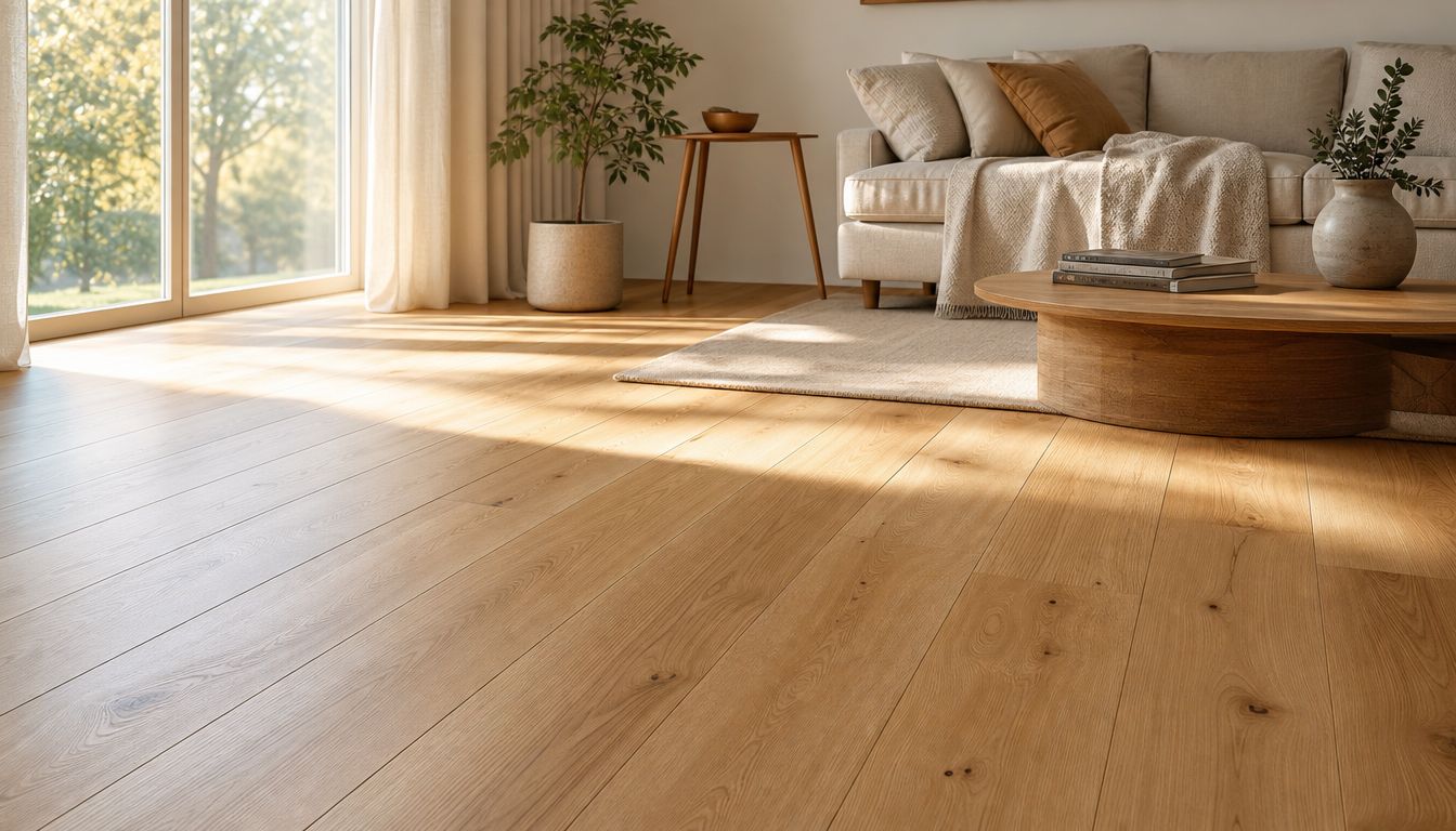 Lyst fyr plankegulv med synlige træårer i en moderne, soloplyst stue med møbler og en plante.