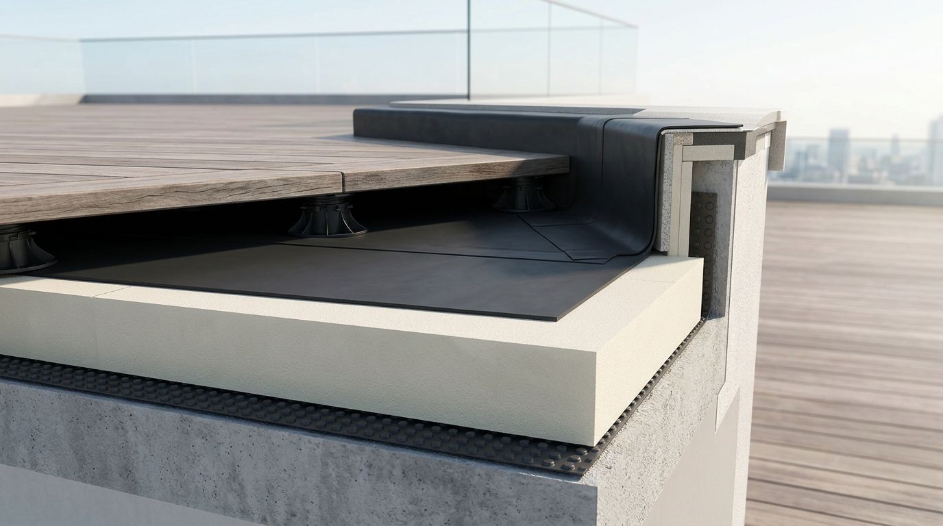 Et tværsnit af en tagterrasse konstruktion, der viser isolering, membran, justerbare støtteben og lægning af terrassebrædder.